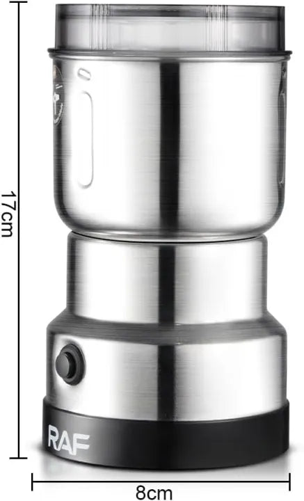 RAF electric bean grinder Dry mill, Lightweight household grinding cup, Portable coffee bean powder, 17*8cm, R.7114 (Stainless Steel Electric Dry Mill)