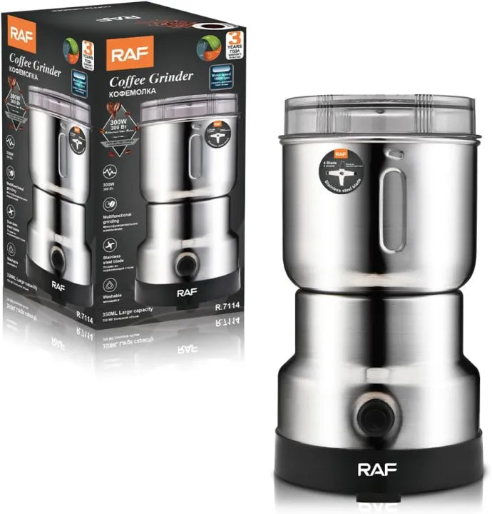 RAF electric bean grinder Dry mill, Lightweight household grinding cup, Portable coffee bean powder, 17*8cm, R.7114 (Stainless Steel Electric Dry Mill)